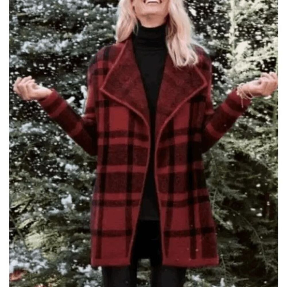 Soft Surroundings Cozy Cottage‎ Cardigan Sweater Wool Alpaca Plaid Red Small